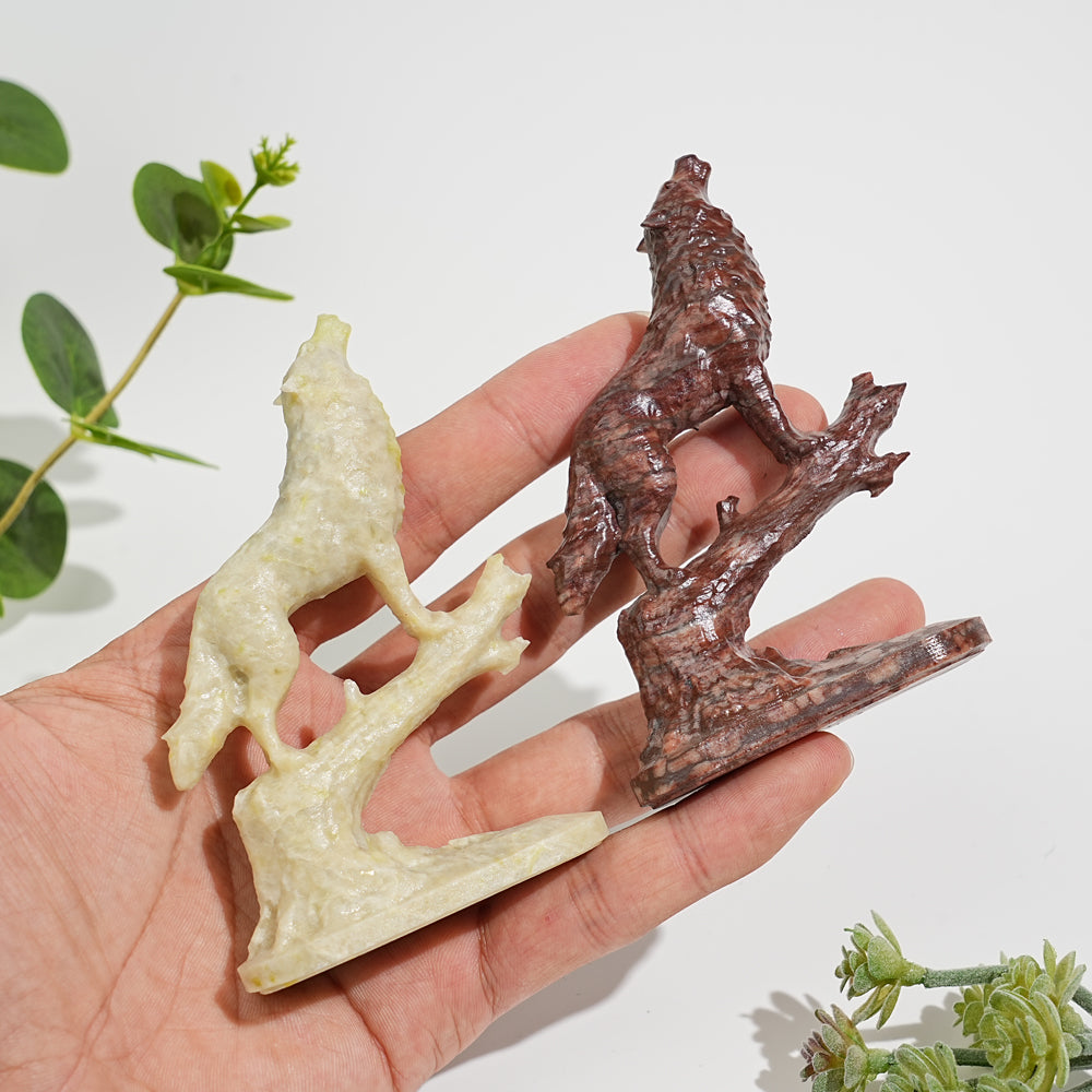 Natural Crystal Howling Wolf On Branch Carving