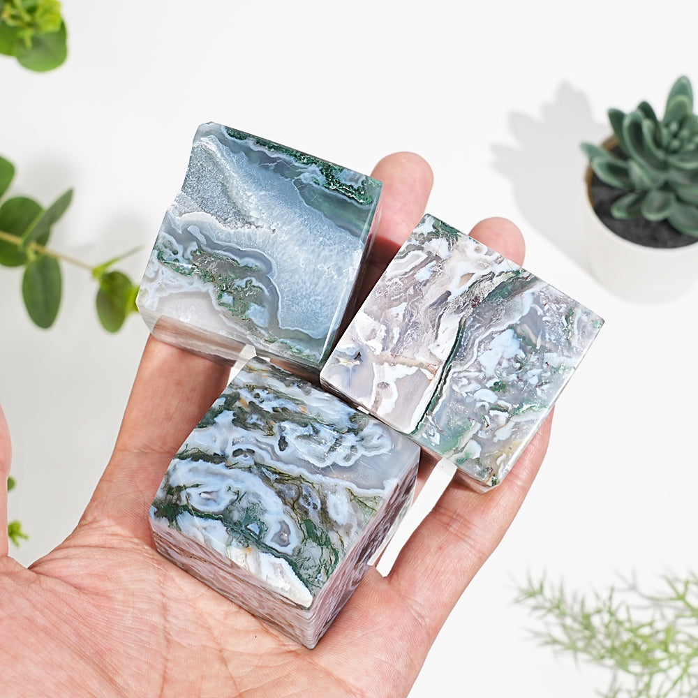 Natural Moss Agate Cube Block