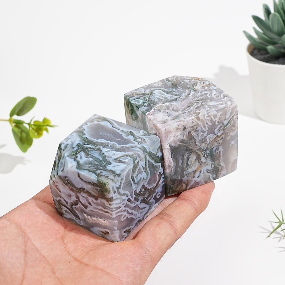 Natural Moss Agate Cube Block