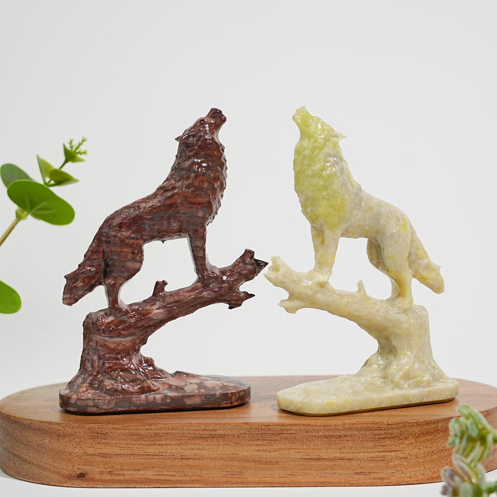 Natural Crystal Howling Wolf On Branch Carving