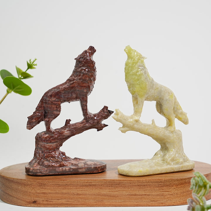 Natural Crystal Howling Wolf On Branch Carving