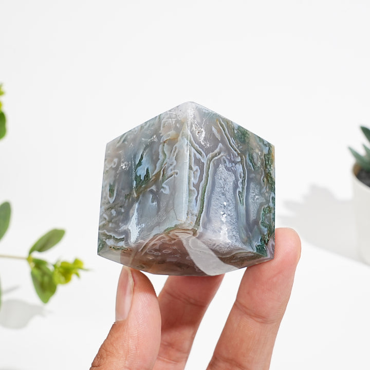 Natural Moss Agate Cube Block