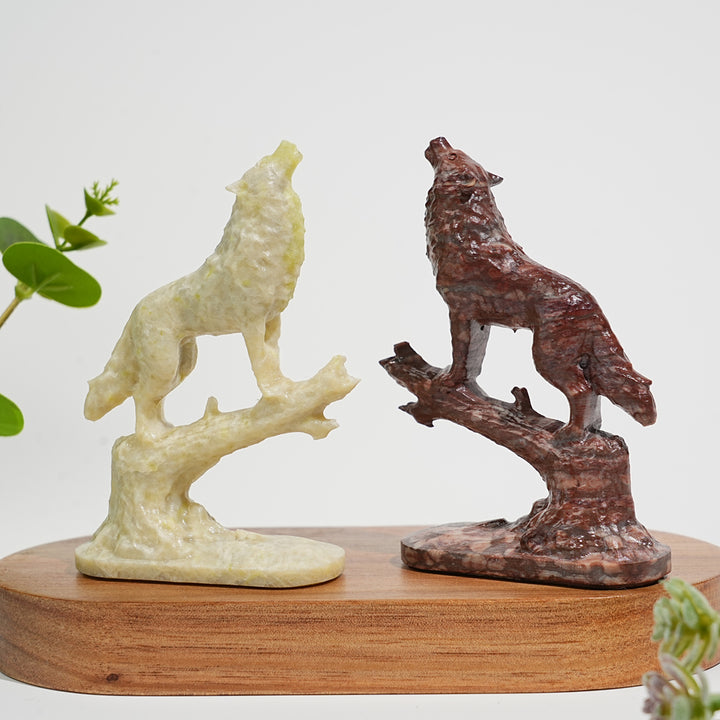 Natural Crystal Howling Wolf On Branch Carving