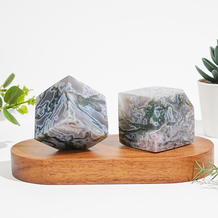 Natural Moss Agate Cube Block