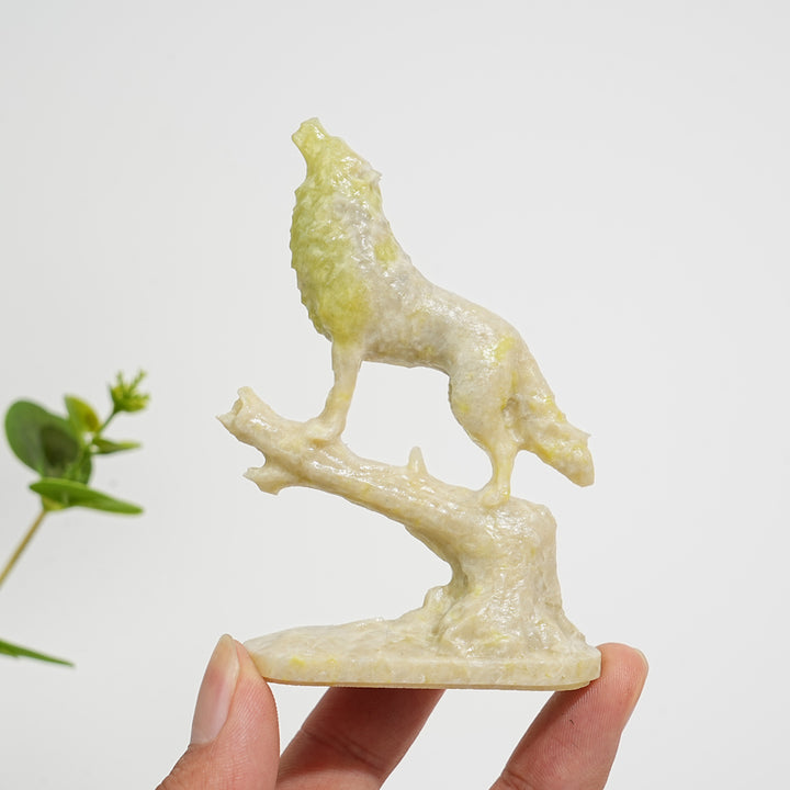 Natural Crystal Howling Wolf On Branch Carving