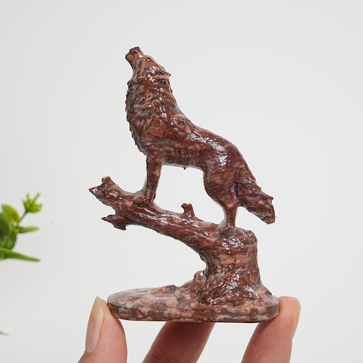 Natural Crystal Howling Wolf On Branch Carving