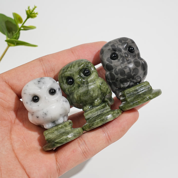 Natural Crystal Carving Owl On Serpentine Stand