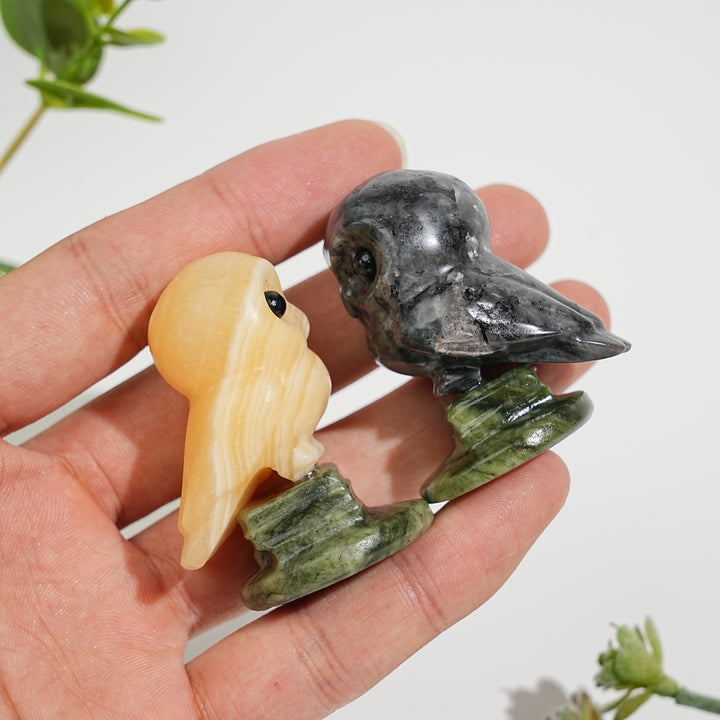 Natural Crystal Carving Owl On Serpentine Stand