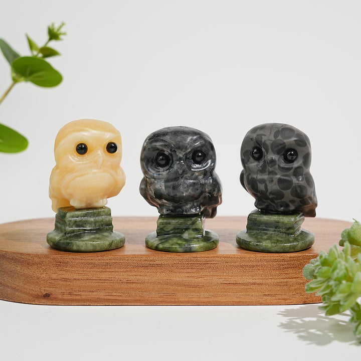 Natural Crystal Carving Owl On Serpentine Stand