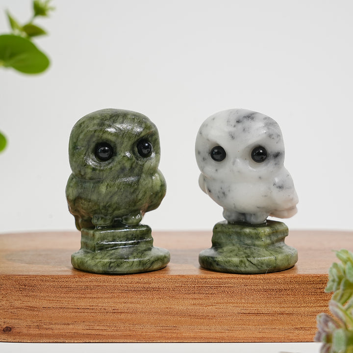 Natural Crystal Carving Owl On Serpentine Stand