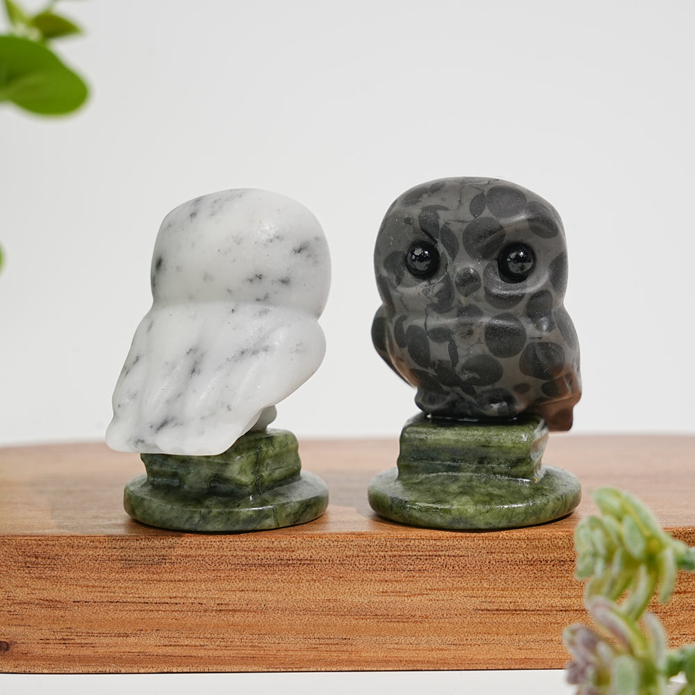 Natural Crystal Carving Owl On Serpentine Stand