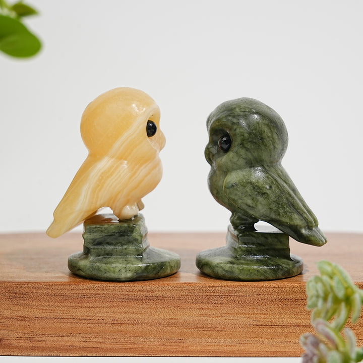 Natural Crystal Carving Owl On Serpentine Stand