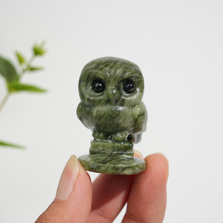 Natural Crystal Carving Owl On Serpentine Stand