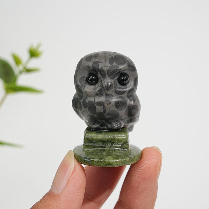 Natural Crystal Carving Owl On Serpentine Stand