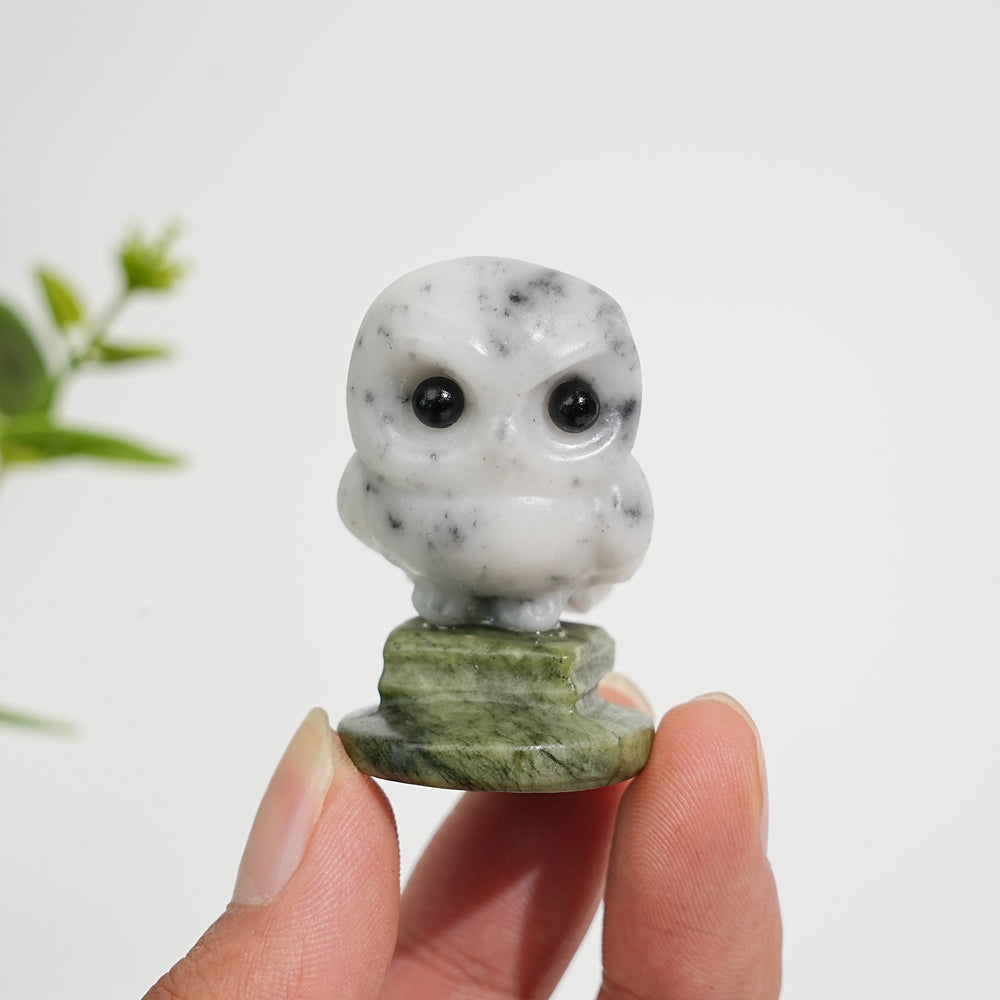 Natural Crystal Carving Owl On Serpentine Stand