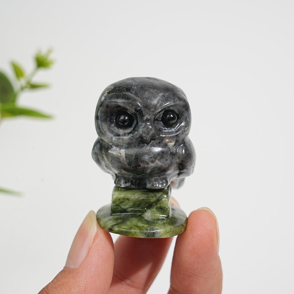 Natural Crystal Carving Owl On Serpentine Stand
