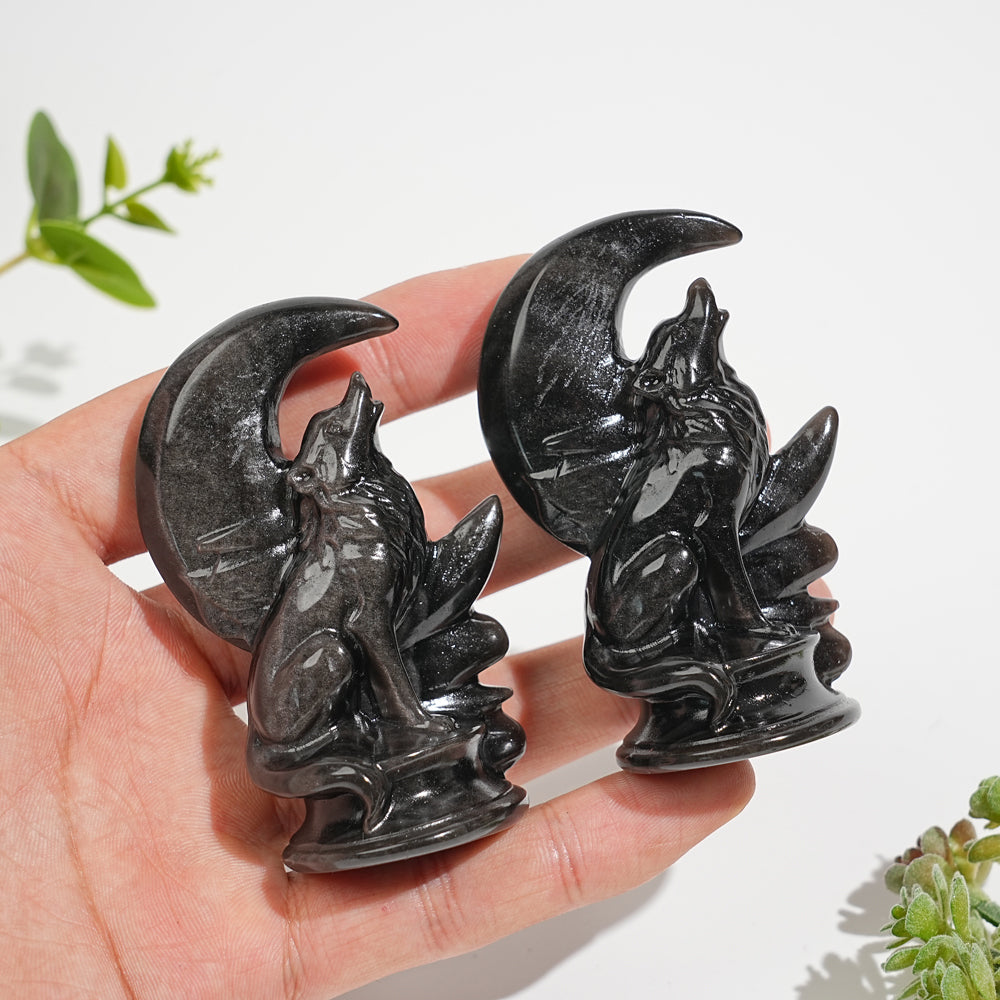 Natural Carving Silver Obsidian Moon Wolf