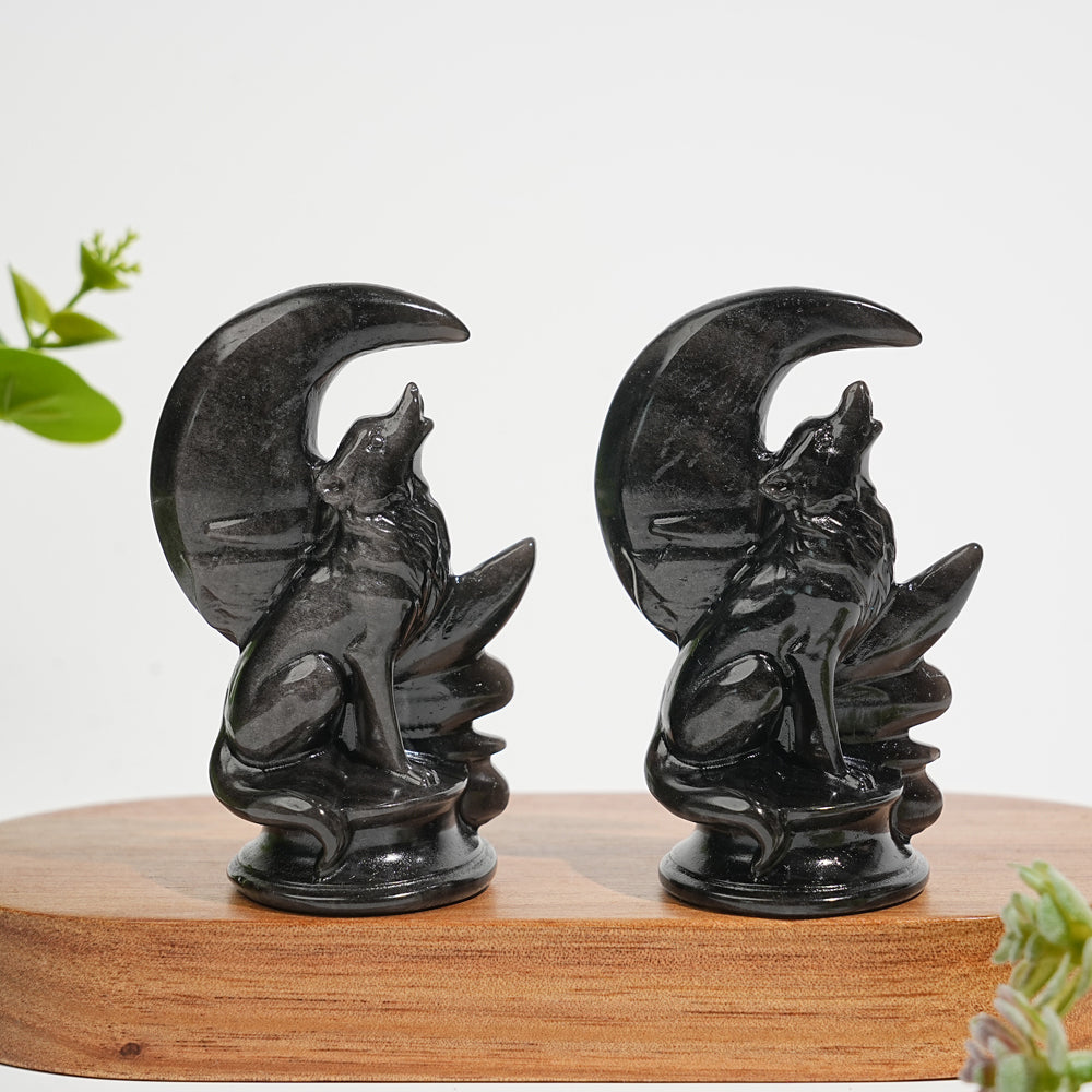 Natural Carving Silver Obsidian Moon Wolf