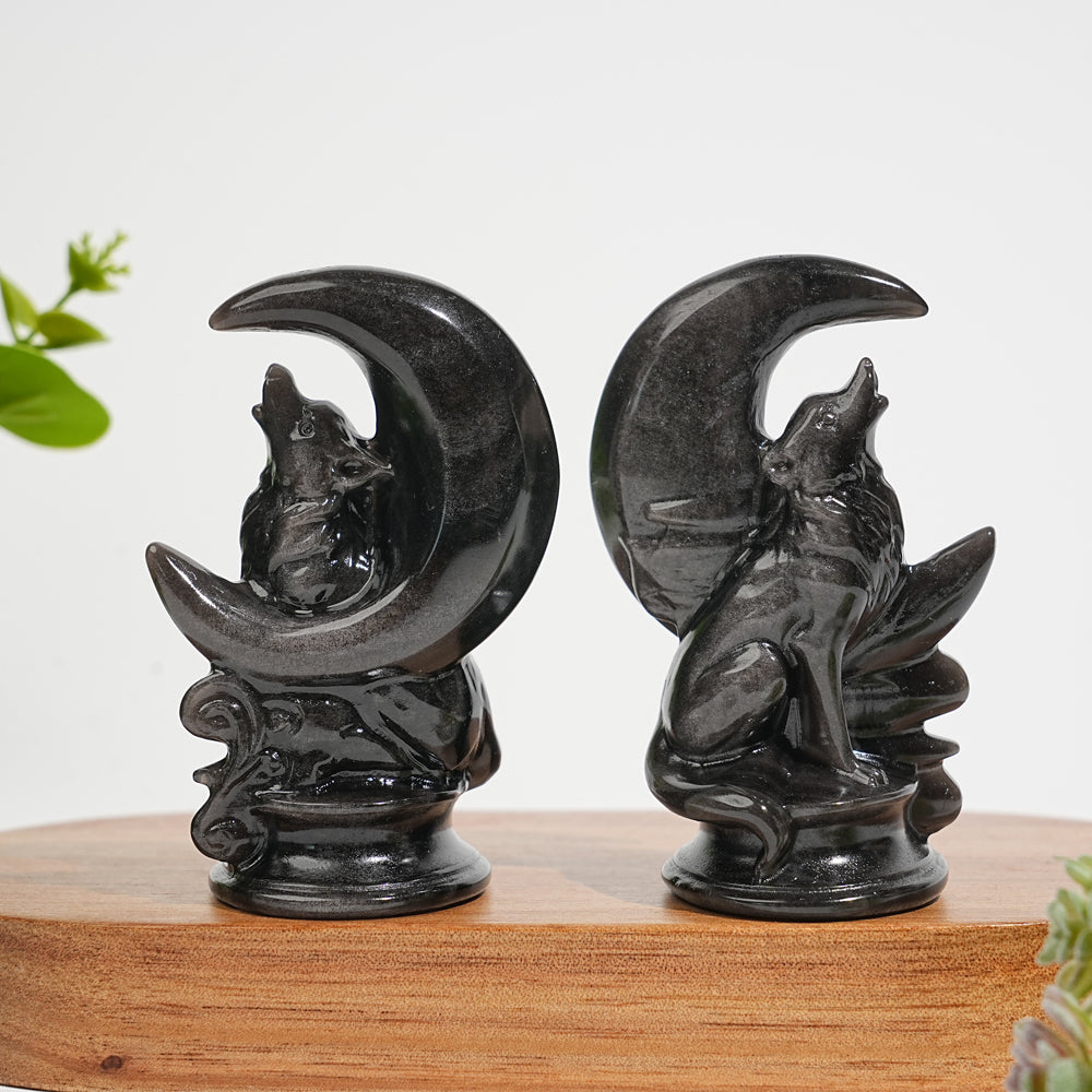 Natural Carving Silver Obsidian Moon Wolf