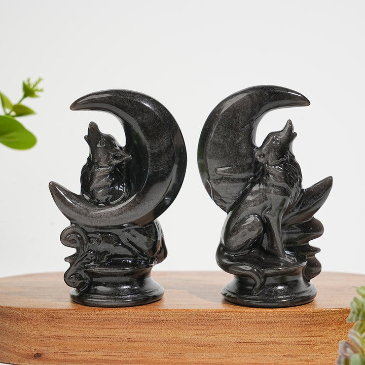 Natural Carving Silver Obsidian Moon Wolf