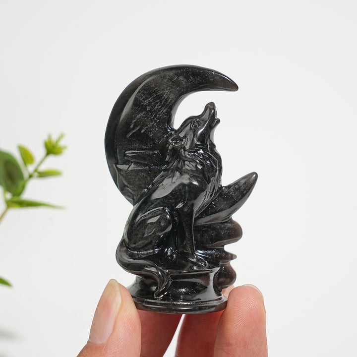 Natural Carving Silver Obsidian Moon Wolf