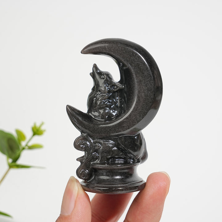 Natural Carving Silver Obsidian Moon Wolf
