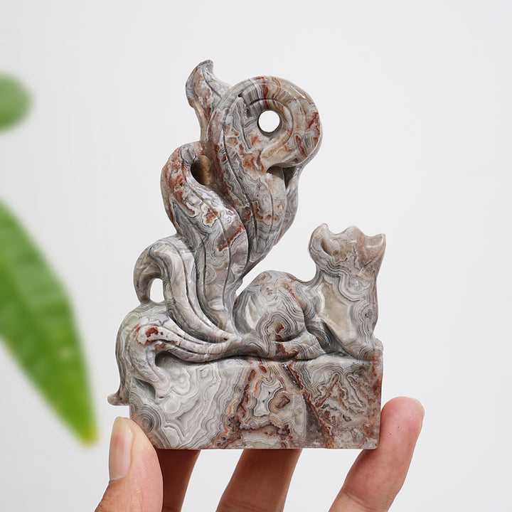 Unique,Natural Crystal Carving Cute Mexican Agate Nine-Tailed Fox