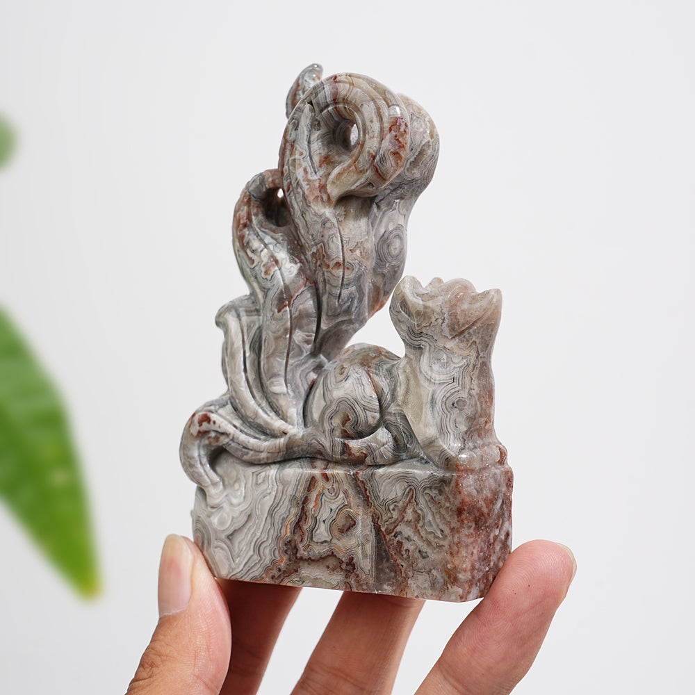 Unique,Natural Crystal Carving Cute Mexican Agate Nine-Tailed Fox