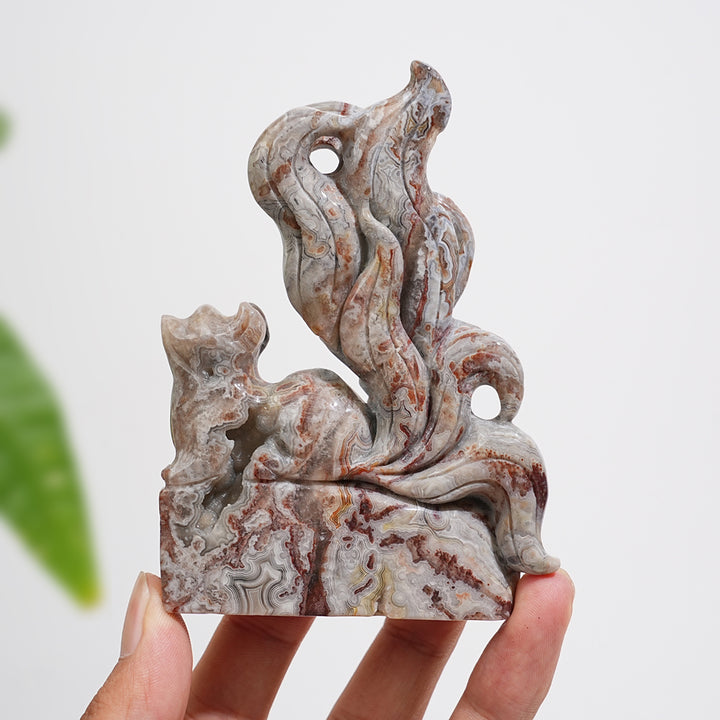 Unique,Natural Crystal Carving Cute Mexican Agate Nine-Tailed Fox