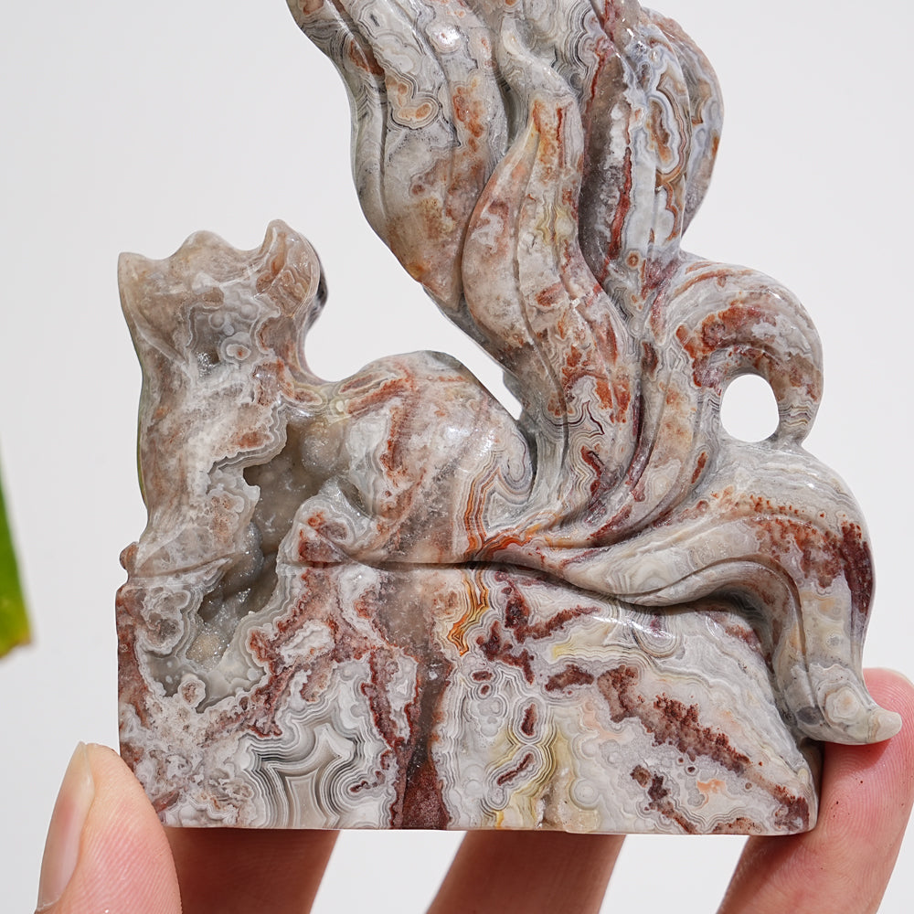 Unique,Natural Crystal Carving Cute Mexican Agate Nine-Tailed Fox