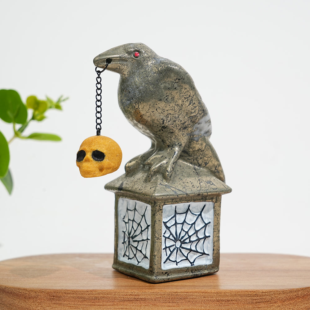 A Slightly Imperfect Natural Crystal Pyrite Raven With Hanging Skull