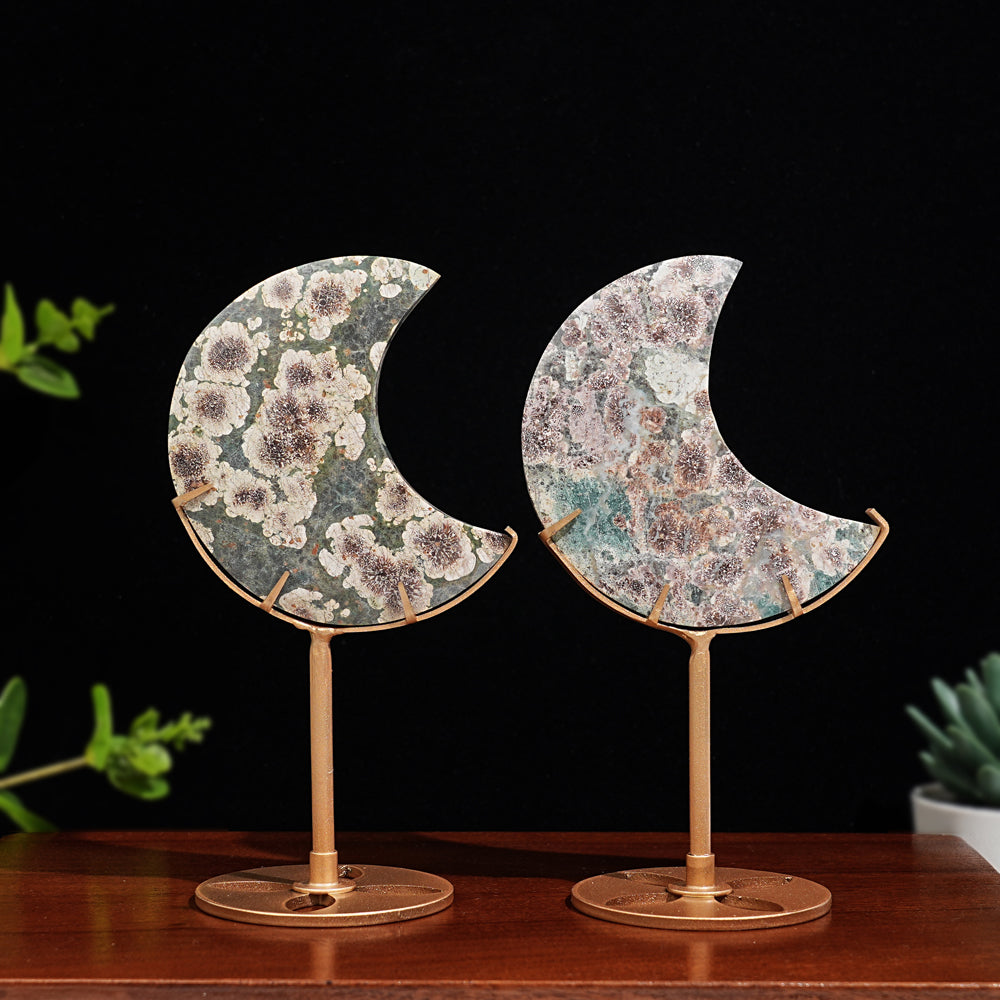 Unique,Natural Green Sakura Stone Moon Wth Stand