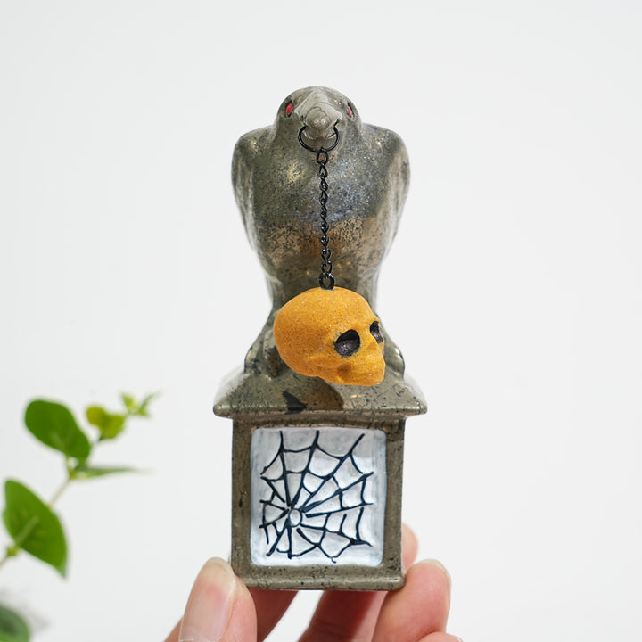 A Slightly Imperfect Natural Crystal Pyrite Raven With Hanging Skull