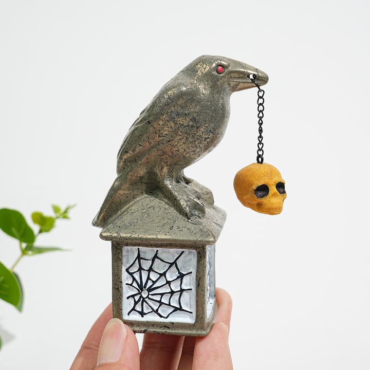 A Slightly Imperfect Natural Crystal Pyrite Raven With Hanging Skull