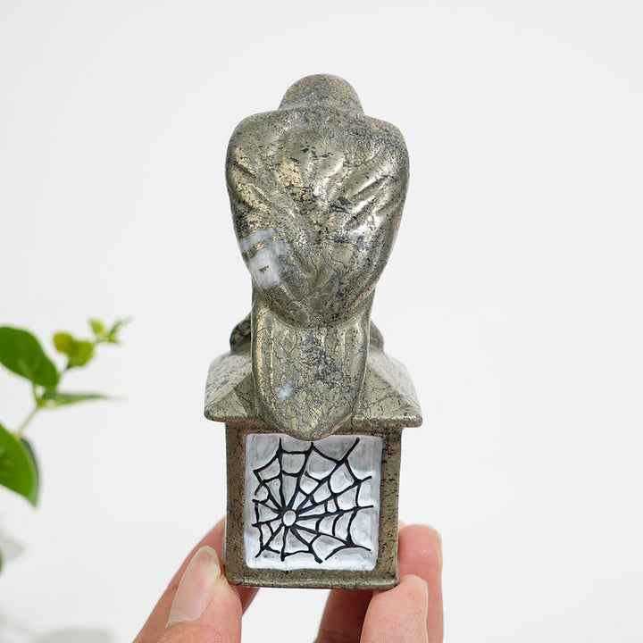 A Slightly Imperfect Natural Crystal Pyrite Raven With Hanging Skull