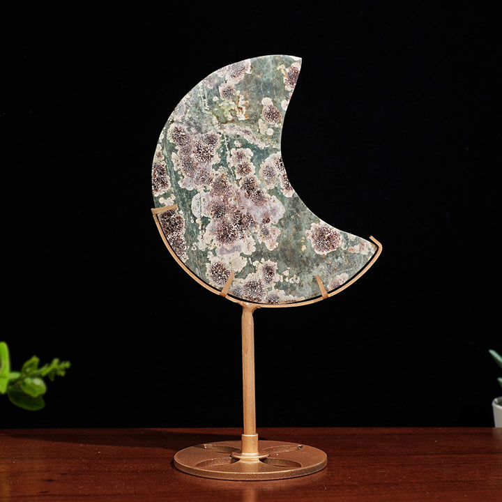 Unique,Natural Green Sakura Stone Moon Wth Stand