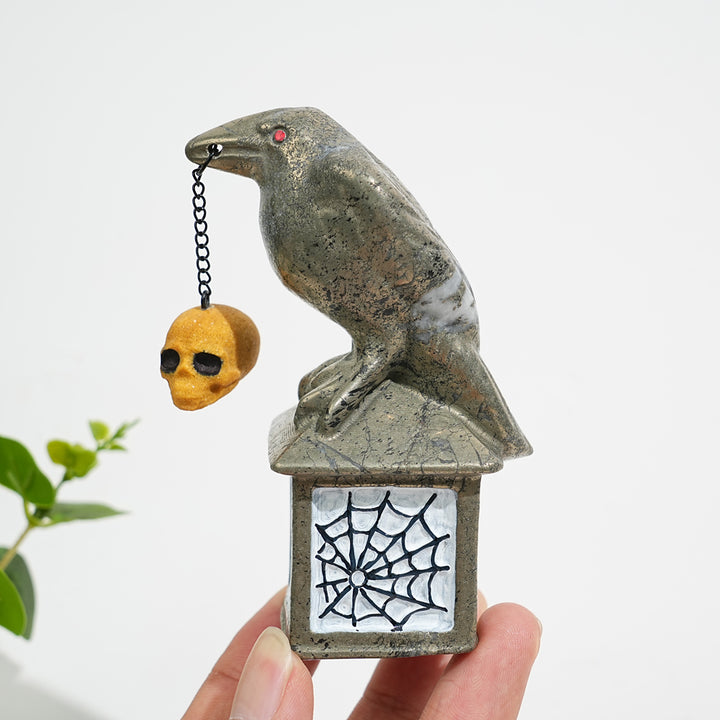 A Slightly Imperfect Natural Crystal Pyrite Raven With Hanging Skull