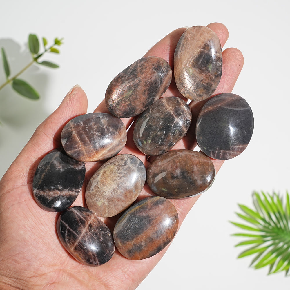 Natural Crystal Black Moonstone With Sunstone Palm Stone