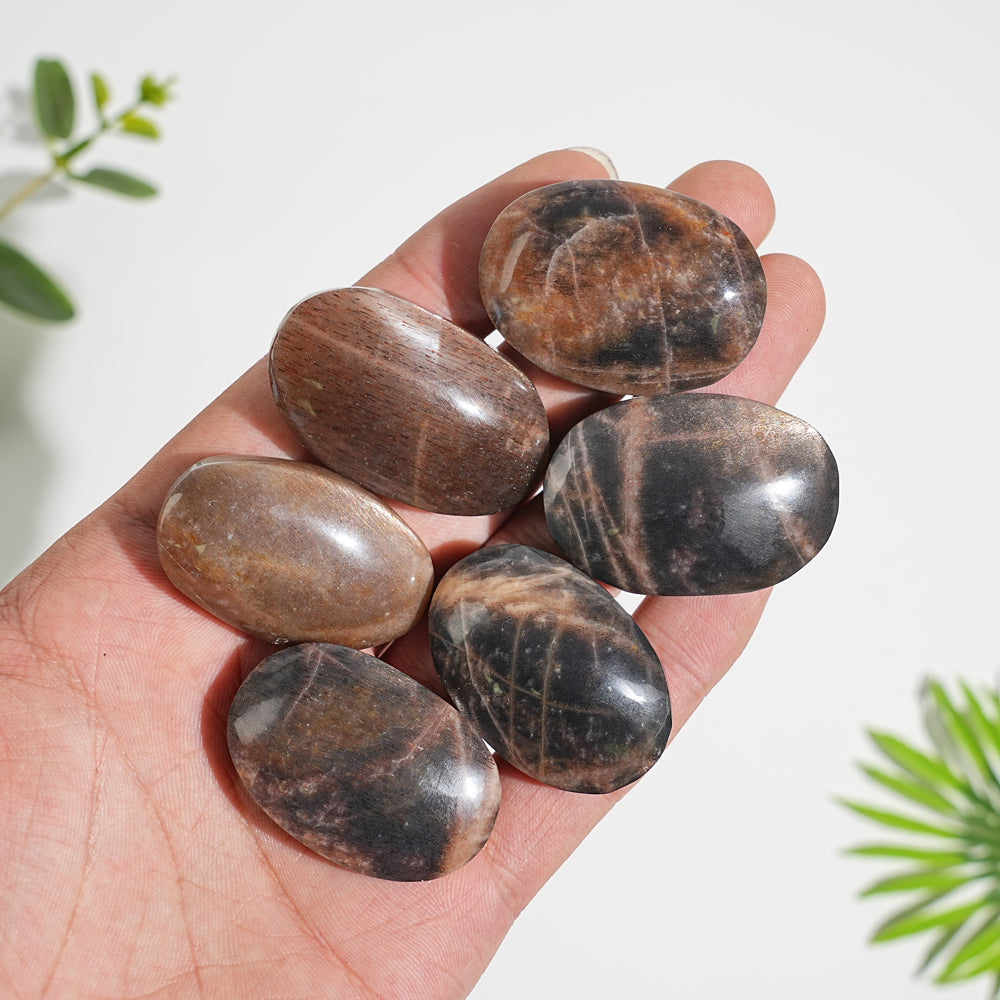 Natural Crystal Black Moonstone With Sunstone Palm Stone
