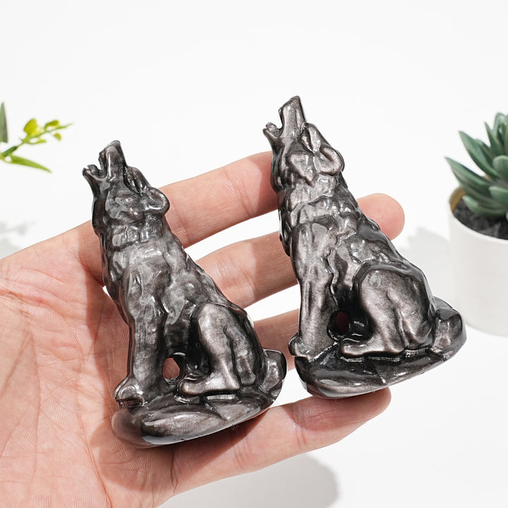 Natural Crystal Carved Silver Obsidian Howling Wolf