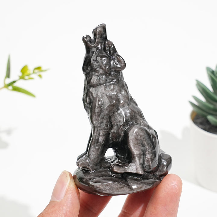Natural Crystal Carved Silver Obsidian Howling Wolf