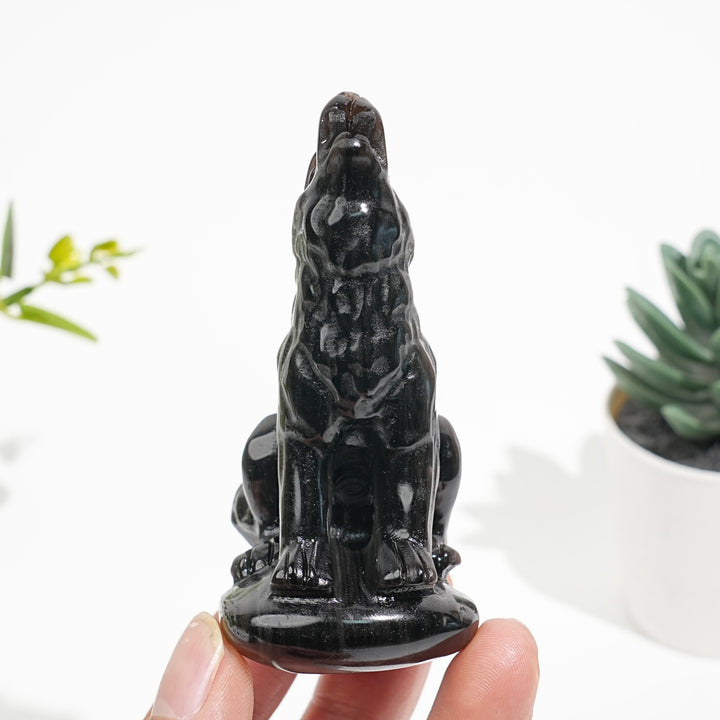Natural Crystal Carved Silver Obsidian Howling Wolf