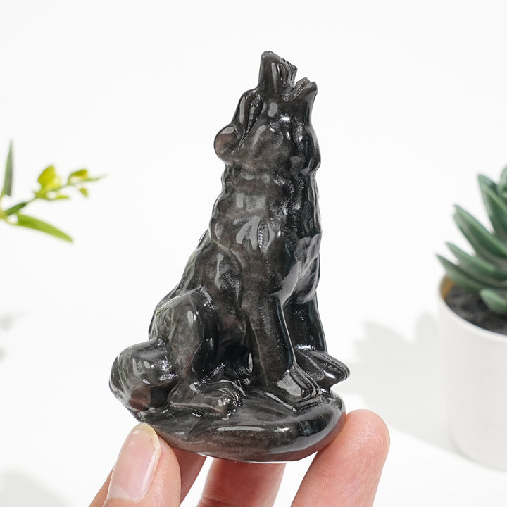 Natural Crystal Carved Silver Obsidian Howling Wolf