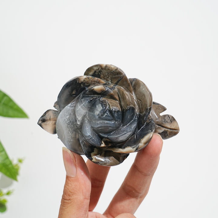 Unique,Natural Crystal Volcanic Agate Peony Flower Carving
