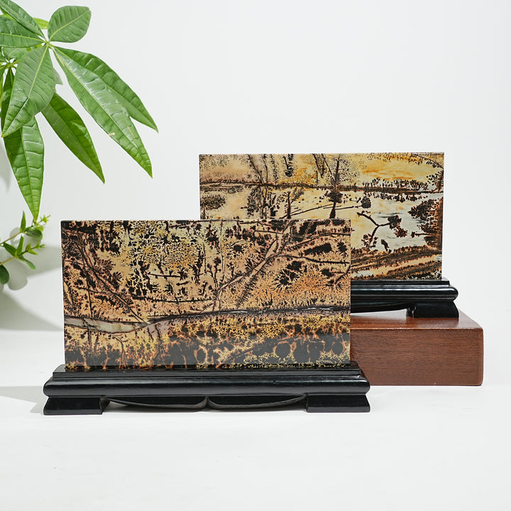 Unique,Natural Picture Jasper Landscape Ornament With Wood Base