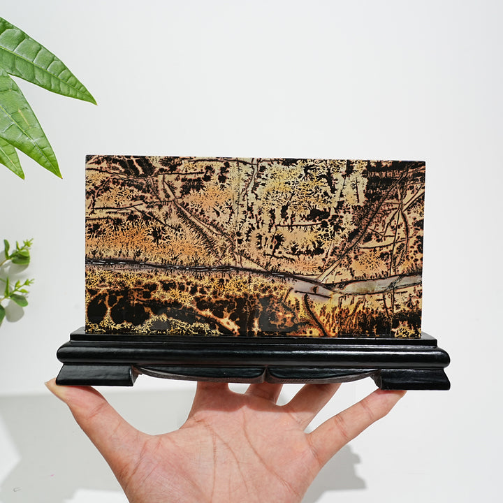 Unique,Natural Picture Jasper Landscape Ornament With Wood Base