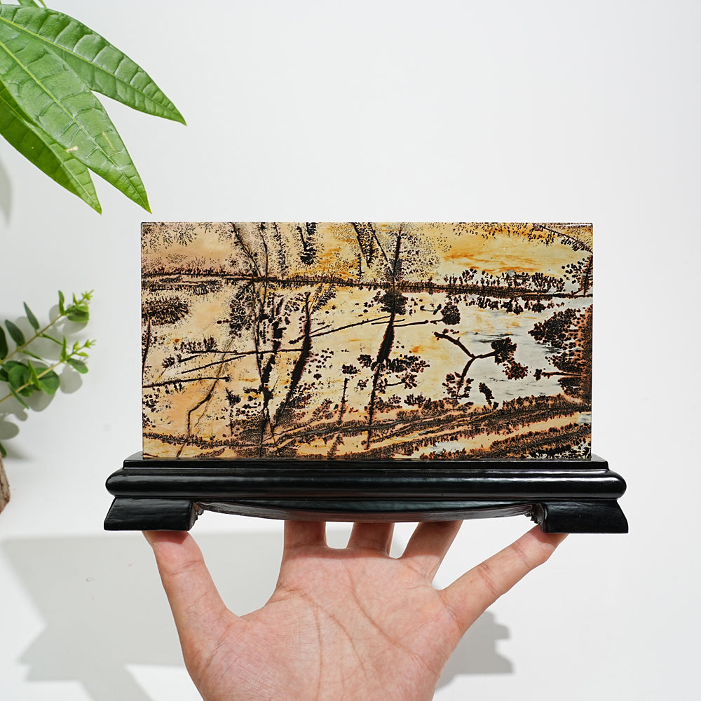 Unique,Natural Picture Jasper Landscape Ornament With Wood Base