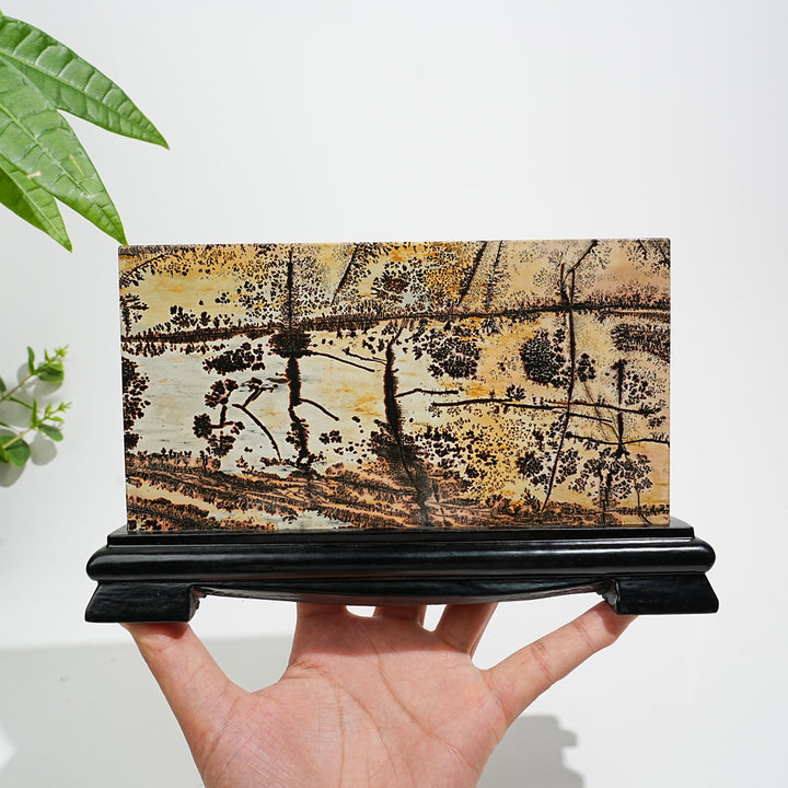 Unique,Natural Picture Jasper Landscape Ornament With Wood Base