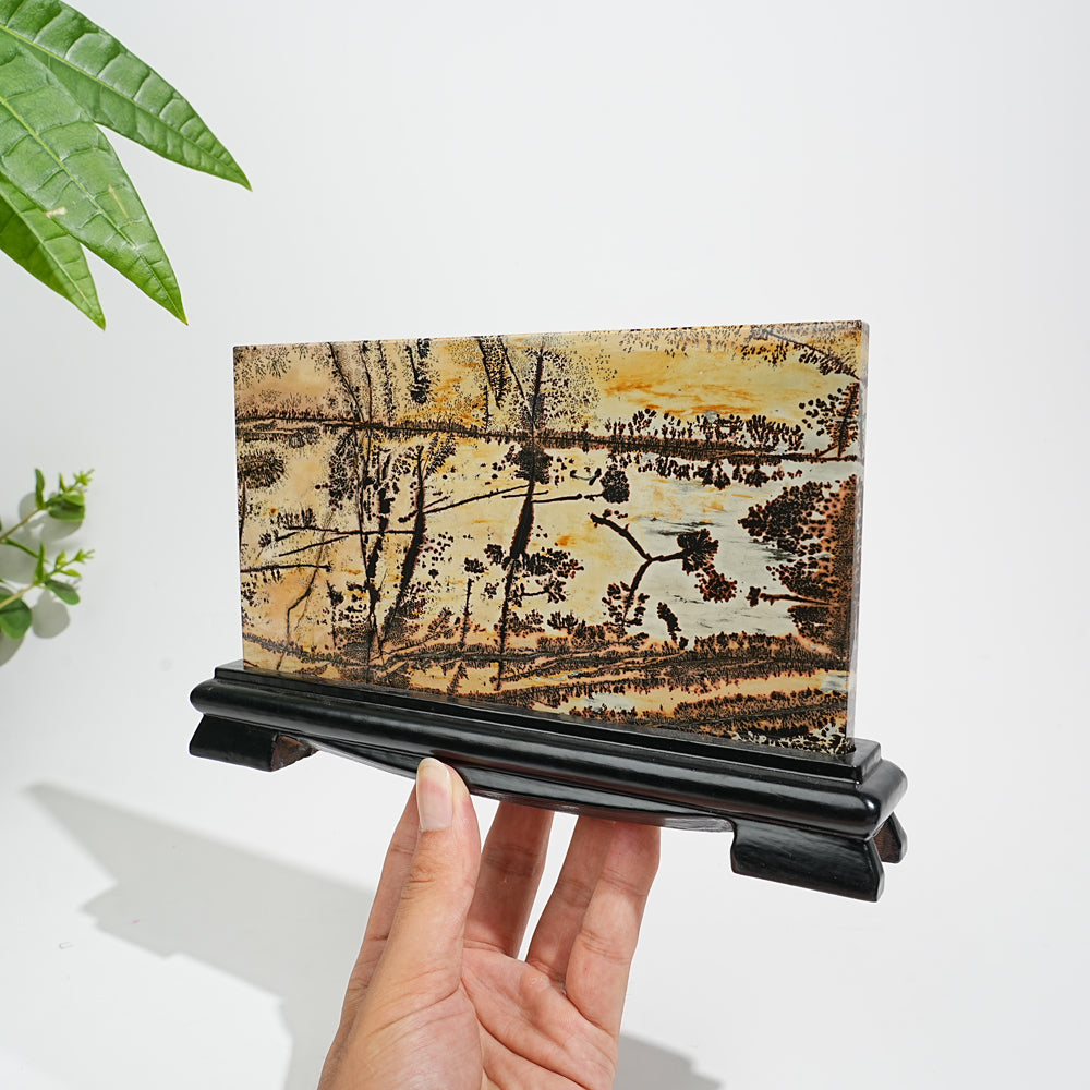 Unique,Natural Picture Jasper Landscape Ornament With Wood Base