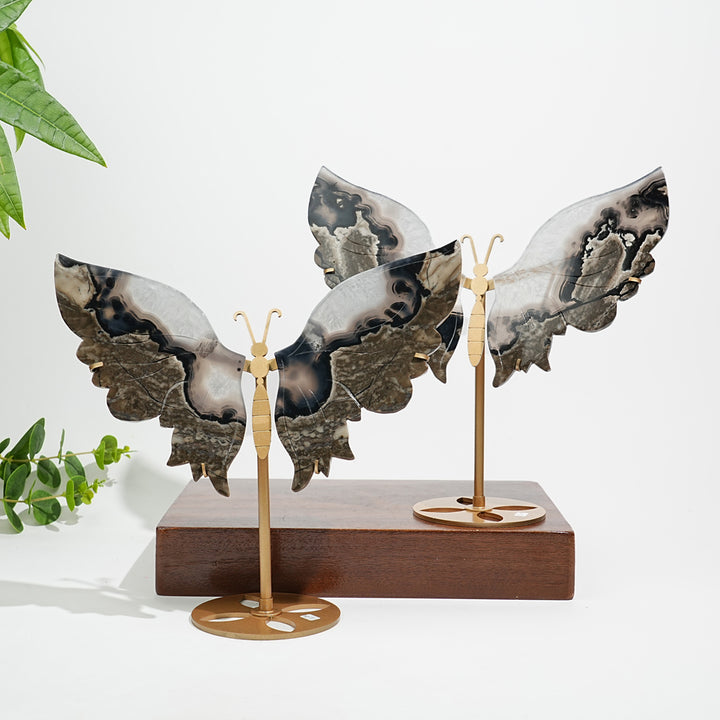 Unique,Natural Crystal Volcanic Agate Butterfly Wing With Stand